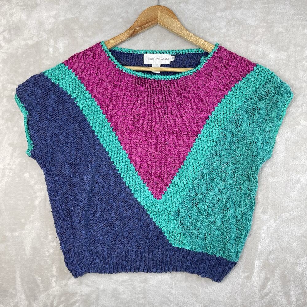 Chaus Vintage 80s Sweater Vest Womens 40 Linen Cotton Knit Colorblock Maximalism
